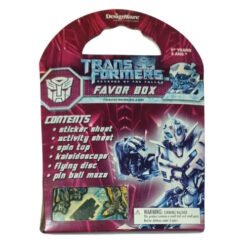 Transformer-themed favor box packaging with robot artwork and a list of contents (sticker sheet, activity sheet, spin top, kaleidoscope, flying disc, pinball maze).