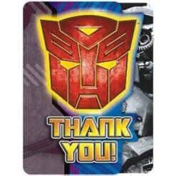 Red Autobot emblem with a yellow outline and bold 'THANK YOU!' text on a colorful, geometric background.