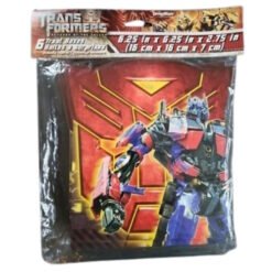 Packaged Transformers graphic T-shirt or poster featuring a red-and-blue robot (Optimus Prime-like) on a bright red background with a header card above the plastic package.