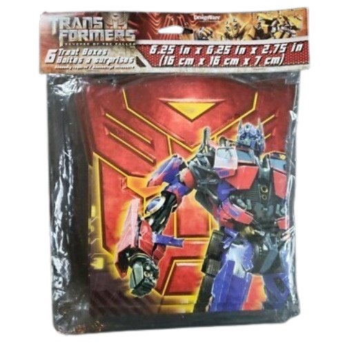 Packaged Transformers graphic T-shirt or poster featuring a red-and-blue robot (Optimus Prime-like) on a bright red background with a header card above the plastic package.