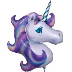 Unicorn-shaped foil balloon in purple and white with a rainbow mane and striped horn, view from the side.
