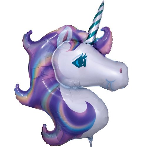 Unicorn-shaped foil balloon in purple and white with a rainbow mane and striped horn, view from the side.