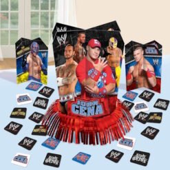 WWE John Cena merchandise display with folder-style boxes and scattered trading cards on a light blue surface.
