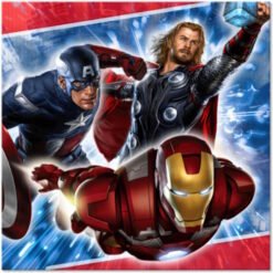 Three Marvel superheroes—Captain America, Thor, and Iron Man—flying forward in a dynamic action scene against a red‑blue background.
