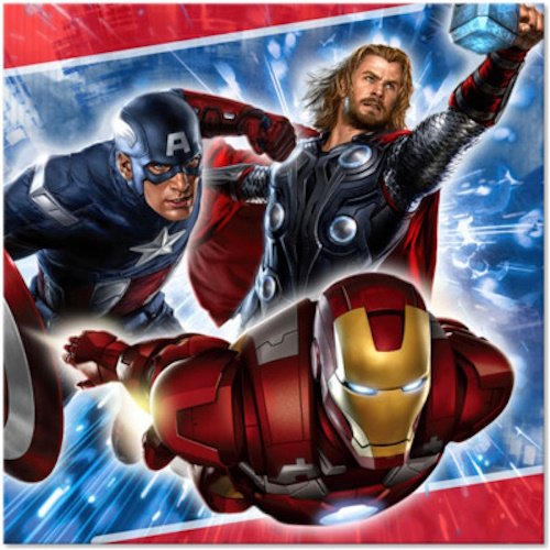Three Marvel superheroes—Captain America, Thor, and Iron Man—flying forward in a dynamic action scene against a red‑blue background.