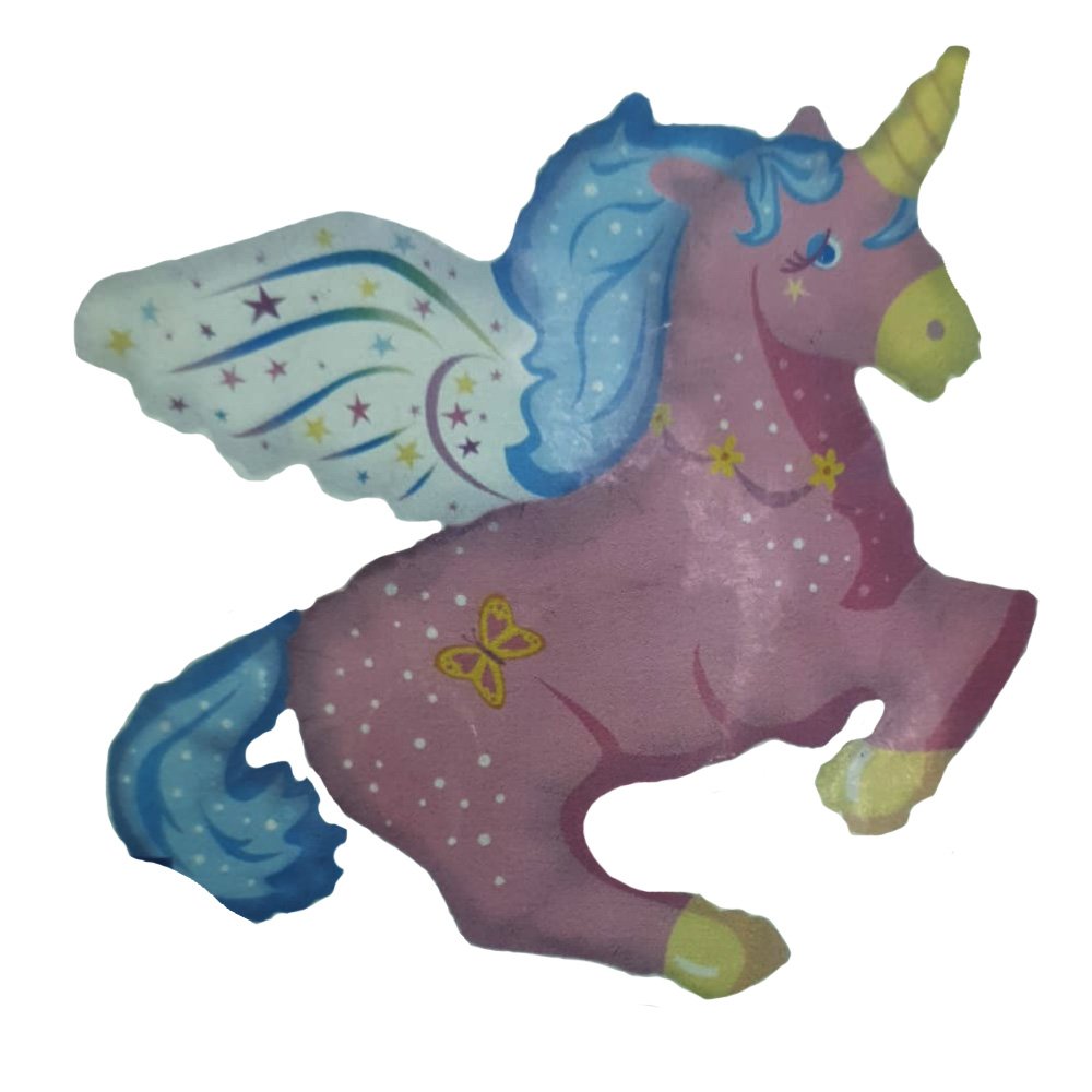 Pink alicorn pony toy with blue mane and tail, yellow horn and wings, decorated with stars and dots for a magical look.