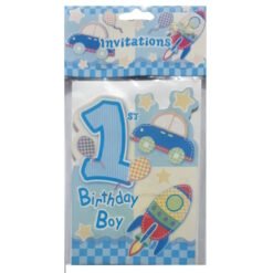 First birthday party invitations for a boy featuring a blue '1st Birthday' design with a car and rocket graphics.