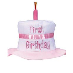 Two-tier white birthday cake with a pink ribbon, pink candle, and 'First Birthday' inscription on top.