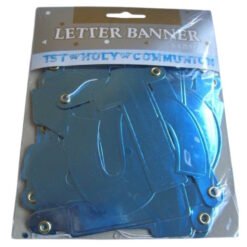 Blue plastic letter banner kit in a sealed package labeled 'Letter Banner' for First Holy Communion, with grommet holes for hanging.