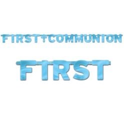 Blue 3D lettering spelling 'FIRST COMMUNION' on a white background.