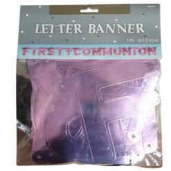Purple metallic 'First Communion' letter banner inside a clear package with a blue header that reads 'Letter Banner'
