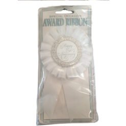 White rosette award ribbon in plastic packaging, centered with a 'Happy 25th Anniversary' medallion and 'Special Occasion Award Ribbon' text above.
