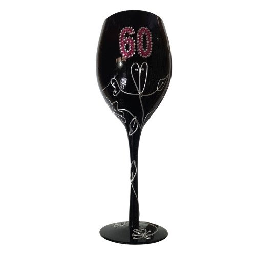 Black champagne flute with pink rhinestone '60' on top, for a 60th birthday celebration.