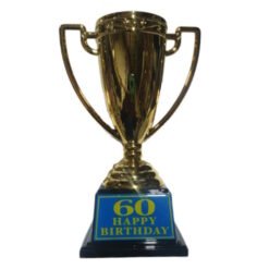 Gold trophy with a blue plaque reading '60 Happy Birthday' on a black pedestal.