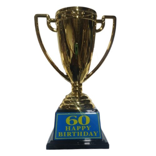 Gold trophy with a blue plaque reading '60 Happy Birthday' on a black pedestal.
