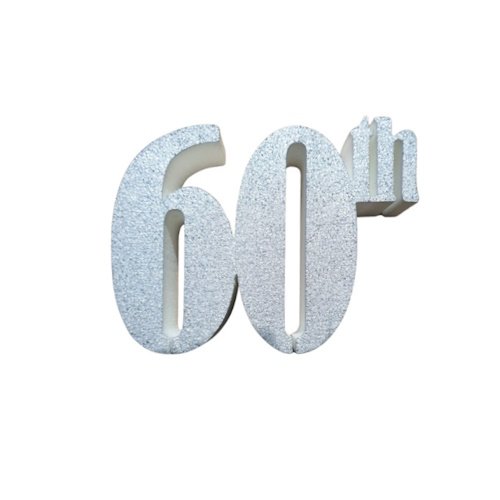 Glittery '60th' milestone sculpture on a white background, representing a 60th anniversary or milestone.