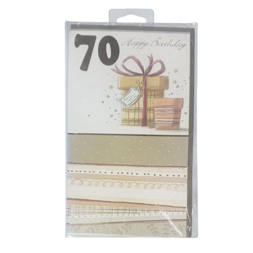 Boxed birthday card showing a large '70' with wrapped gifts and a purple ribbon illustration.