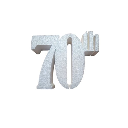 Silver glitter '70th' cake topper used for birthdays or anniversaries