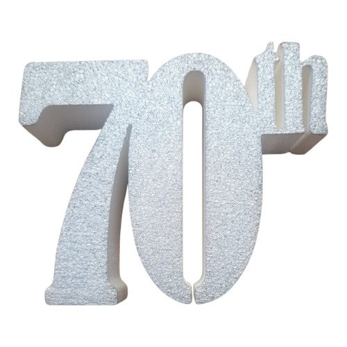 Shiny silver 3D '70th' anniversary sign, with large '70' and smaller 'th' on the top right.