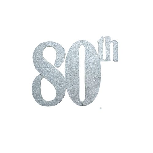 Glittery silver '80th' text graphic used to denote an 80th anniversary or milestone