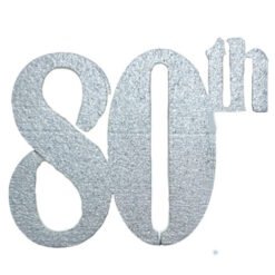 Glittery silver '80 ft' text graphic with the letters forming a bold sign, textured surface visible across the characters.