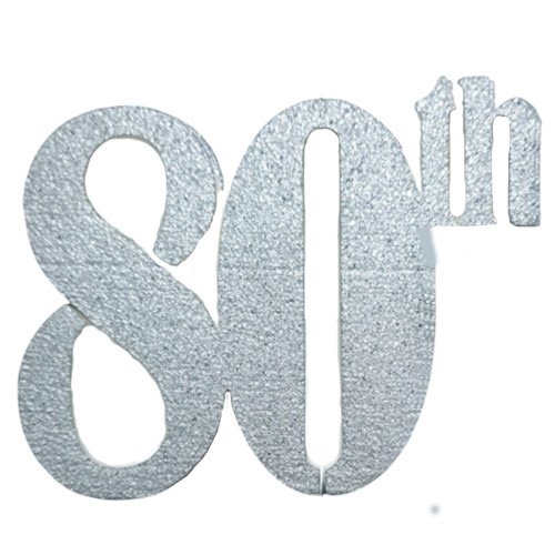 Glittery silver '80 ft' text graphic with the letters forming a bold sign, textured surface visible across the characters.