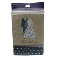 Eight bridal shower invitations in a package, featuring a bride and groom illustration on a beige card with a navy polka-dot border.