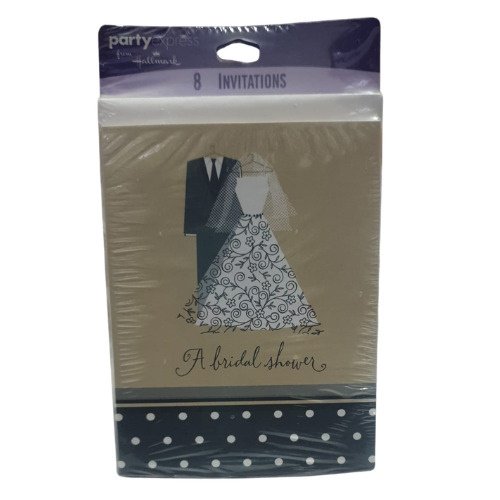 Eight bridal shower invitations in a package, featuring a bride and groom illustration on a beige card with a navy polka-dot border.