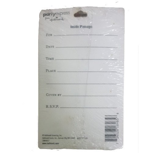 Plastic-wrapped party invitation form with fields labeled For, Date, Time, Place, Given by, R.S.V.P. and a barcode on the side.