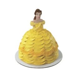 Belle-inspired yellow princess cake: a round cake with layered ruffled fondant to resemble a ballgown, topped with a Belle figurine on a white base
