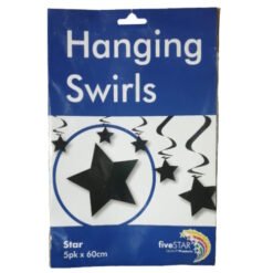 Package labeled Hanging Swirls containing five star decorations for parties, blue and white packaging with black stars and streamers; 5pk x 60cm.