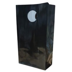 Glossy black shopping bag with a round die-cut handle, standing upright.