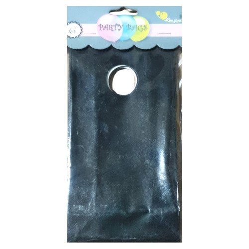Black party favor bag with a circular window cutout and a colorful 'Party Bags' label at the top edge