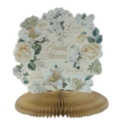 Floral bridal shower sign with white roses on a brown honeycomb pedestal, a decorative centerpiece.