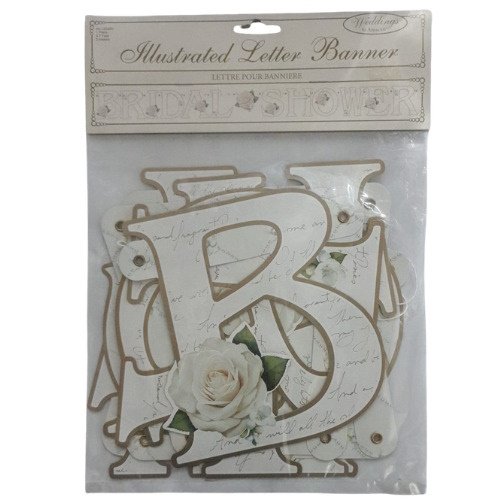 Decorative illustrated letter banner with floral rose accents, intended for a wedding shower.