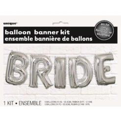 Foil balloons spelling 'BRIDE' hanging on a white brick wall, part of a balloon banner kit.