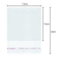 Diagram of a rectangular sheet about 7.5 cm wide and 10 cm tall, with a bottom resealable strip labeled 'RESEALABLE COVER' in pink; shows measurements for width and height.