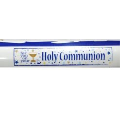 Label on a Holy Communion wafer package featuring a gold chalice icon, stars, and the words 'Holy Communion' (with small text 'for you on your').