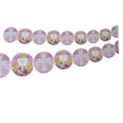 String of pink circular tokens for First Communion, each with a white cross and floral decorations, arranged in two garlands.