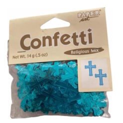 Blue cross-shaped confetti in a sealed bag labeled 'Confetti Religious Mix' (14 g) for celebrations.