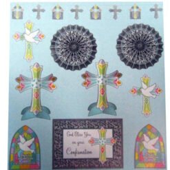 Blue page of confirmation stickers with crosses, doves, rosette medallions, and stained-glass arches, plus a card reading 'God Bless You on your Confirmation'.