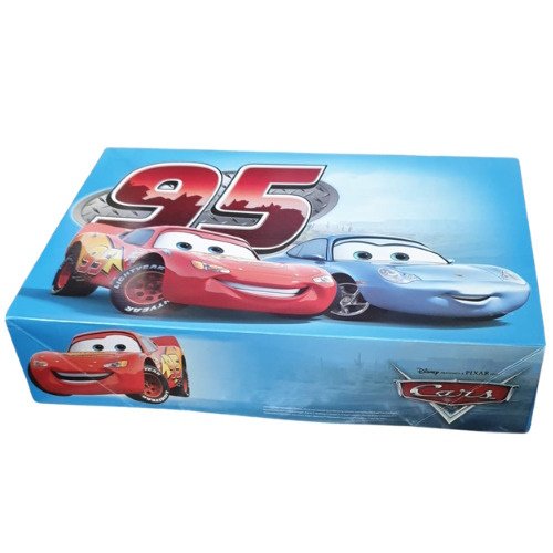 Blue Cars-themed box featuring Lightning McQueen (red) and a blue car, with a large '95' logo and Disney/Pixar Cars branding.
