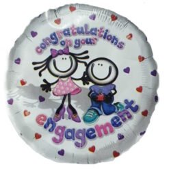 Round silver balloon with cartoon couple and hearts, displaying the message 'congratulations on your engagement'.