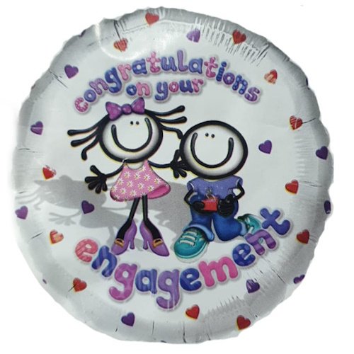 Round silver balloon with cartoon couple and hearts, displaying the message 'congratulations on your engagement'.