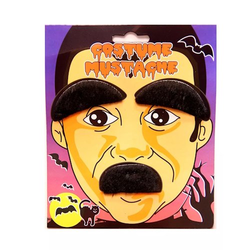 Novelty oversized fake mustache prop in a colorful package showing a cartoon face with thick black eyebrows and a large black mustache, Halloween-themed background.