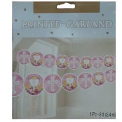 Package of a pink cross-themed printed garland, with circular decorations for a party, labeled 'Printed Garland' on the header (8 ft long).