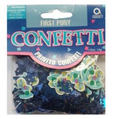 Blue and pink package containing pony-shaped printed confetti for parties, labeled 'Confetti' and 'Printed Confetti' with dark blue shredded tissue inside