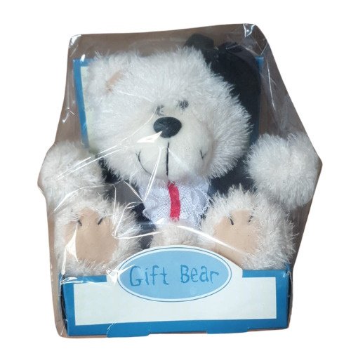 Soft white teddy bear with a red tie sitting in a blue gift box labeled 'Gift Bear' inside clear plastic packaging.