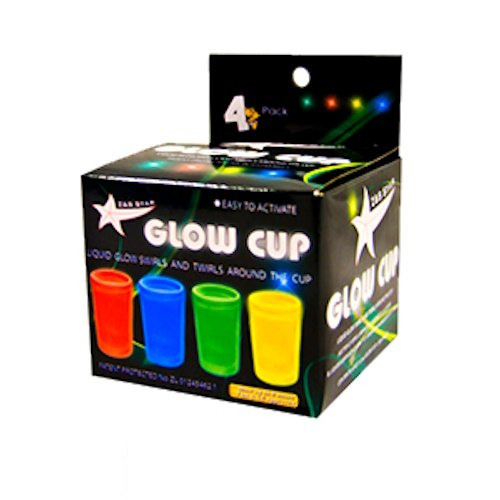 Box of Glow Cup set with four neon-colored glow cups (orange, blue, green, yellow) for parties.