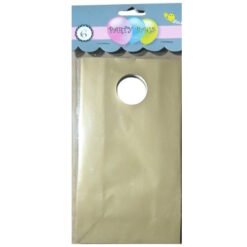 Gold metallic gift bag with a round hand-hole cutout, shown in retail packaging labeled 'Party Bags'.